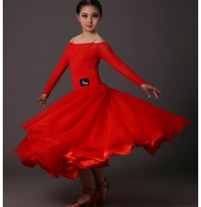  Black red long sleeves round neck  back girls kids children  school play competition professional performance dresses outfits 